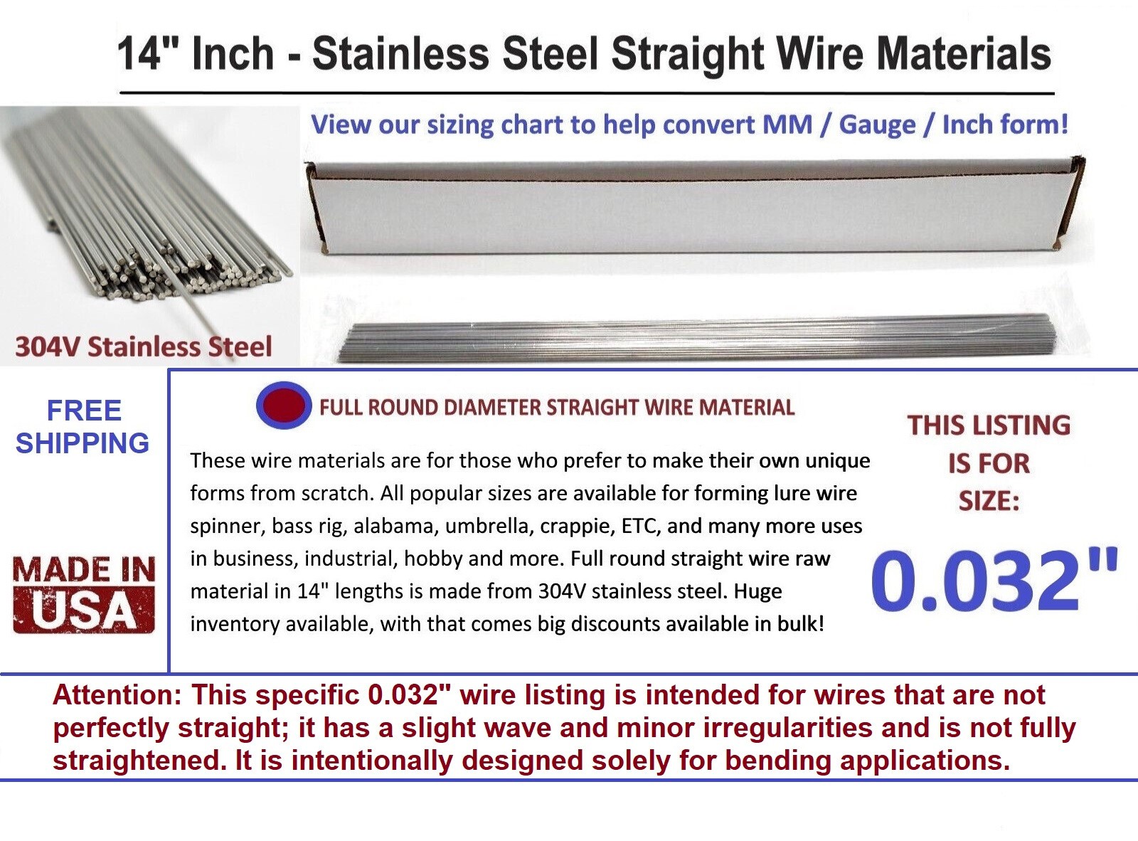 100 Pieces Stainless Steel Straight Lure Shaft Wire Form 0.032" X 14 Inch Long