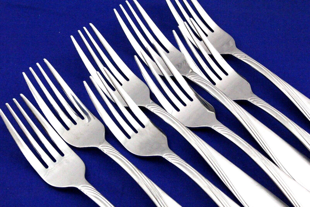 4, 8 3/8" DINNER FORKS GODINGER " WAVE SANDBLAST " STAINLESS FLATWARE