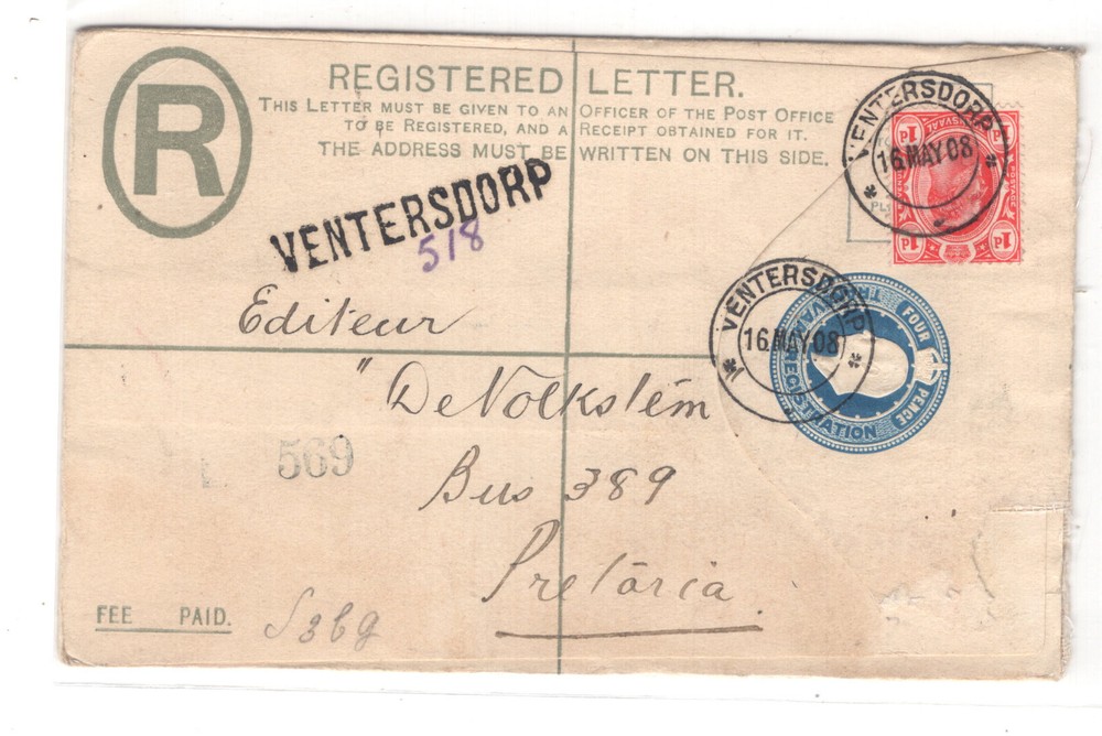 Transvaal  registered  postal  registered  envelope    1908