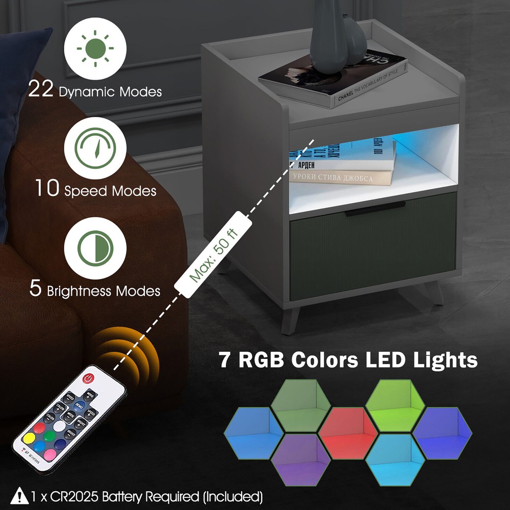 Nightstand Modern Beside End Table w/ LED Lights Open Compartment & Drawer
