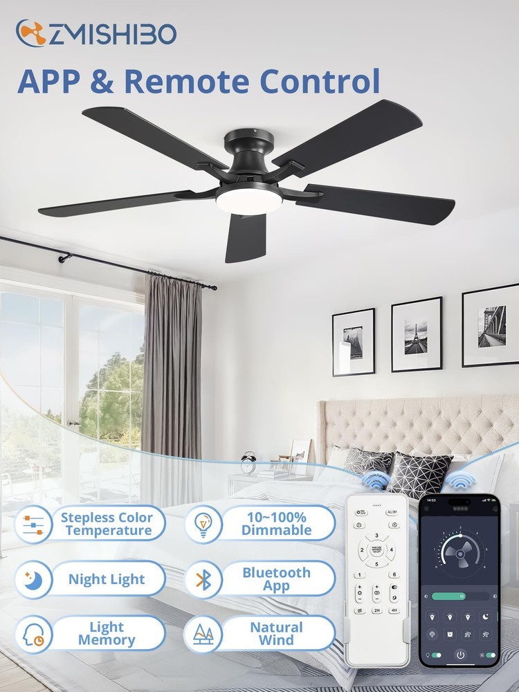 52 Inch Ceiling Fan with Light, App&Remote Control, Flush Mount Low Profile, ...