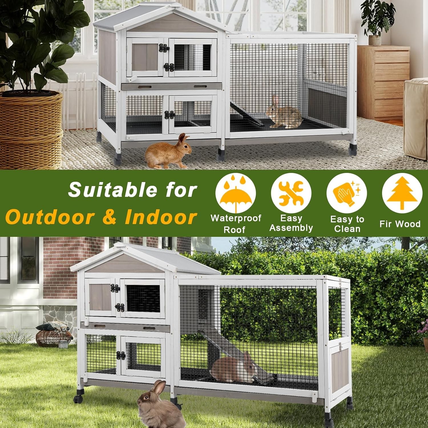 Petscosset Rabbit Hutch Outdoor Indoor Bunny Hutch 2-Story Large Rabbit Cage