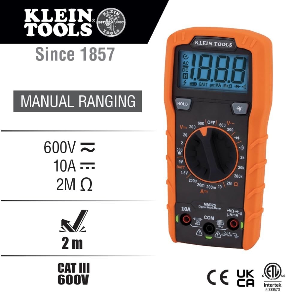 Rugged 600V Manual-Ranging Multimeter - Backlit Display & Lead Alerts Included