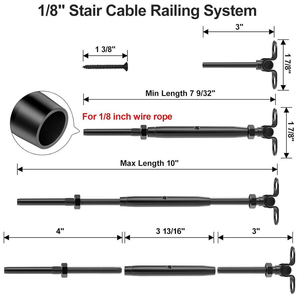 10 Pair 1/8" Black Cable Railing Kit Swage Toggle Turnbuckle Hardware Adjustable