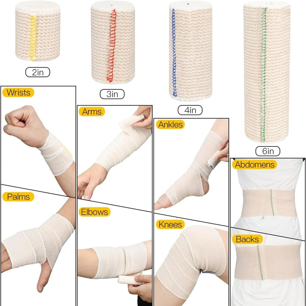 6 Pack 4" Premium Elastic Bandage Wrap, Reusable Hook and Loop Compression Wrap