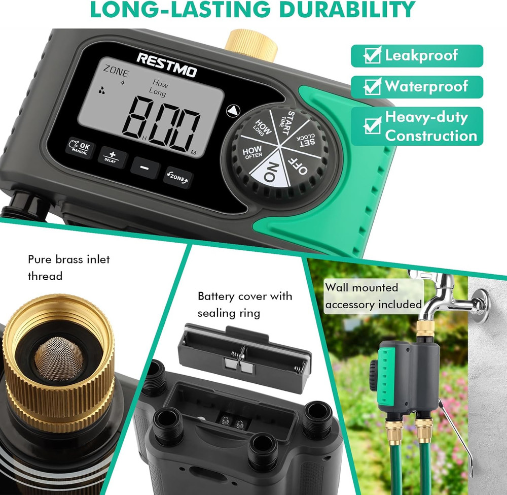 4-Zone Programmable Sprinkler Timer with Brass Inlet for Garden Hose