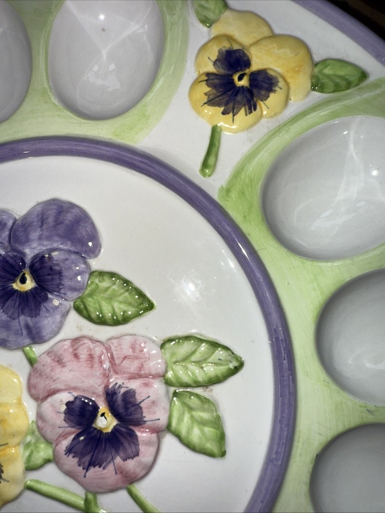 Vtg Papel Pretty As A Pansy Deviled Egg Platter! Handpainted! Easter! 12”