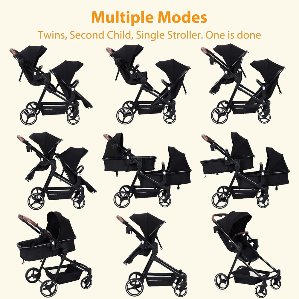Double Stroller for Infant & Toddler, Reversible Tandem Stroller, One-Hand Fold