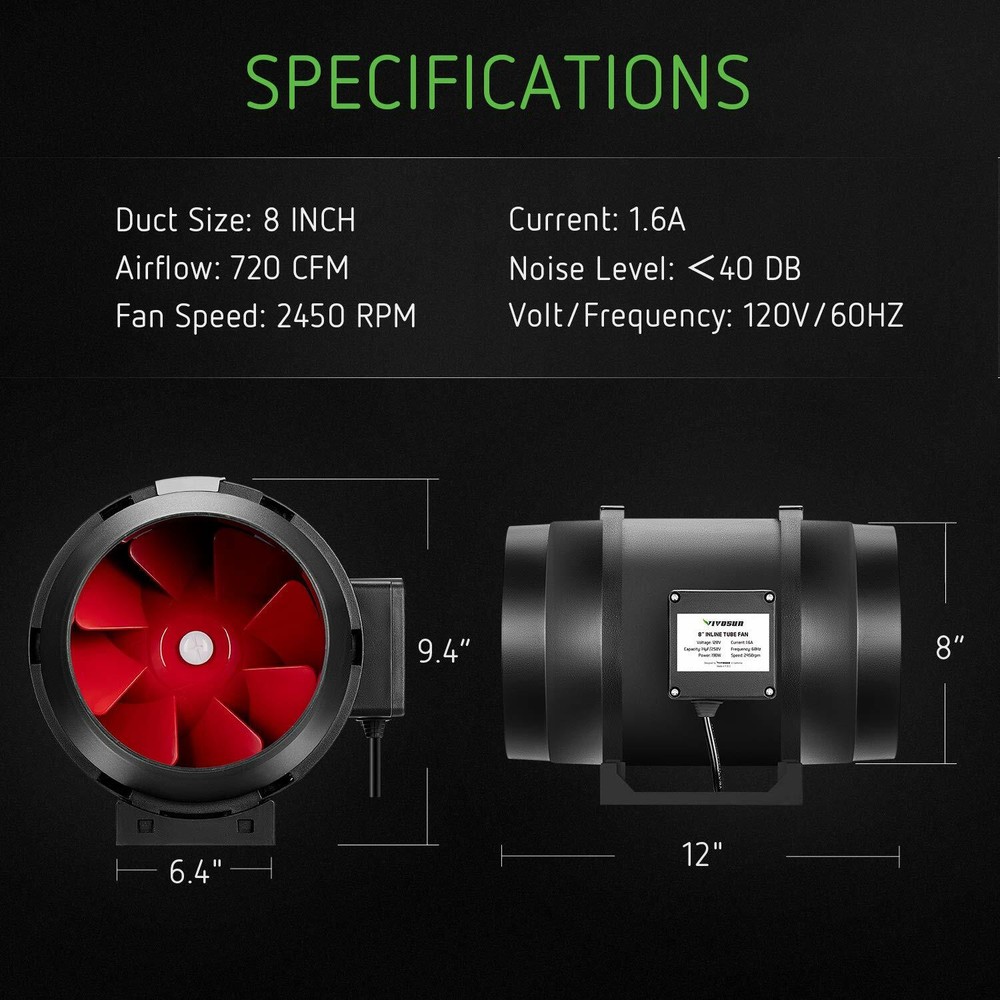 VIVOSUN 8" 720 CFM Inline Duct Fan Variable Speed Controller HVAC Exhaust Blower