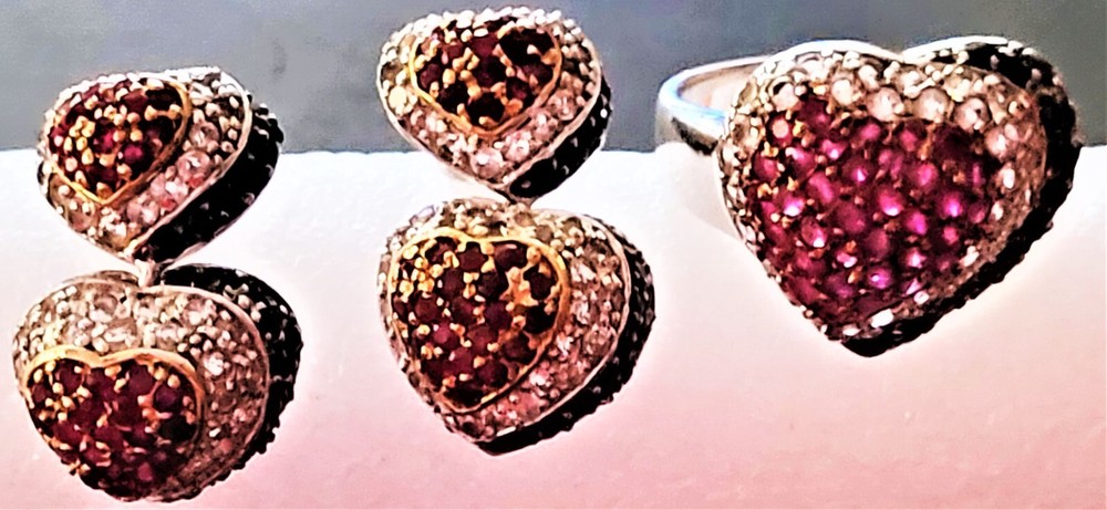 925 Sterling Silver STEMP NATURAL GEMSTONE RUBY HEART SET Earrings/ Ring 8.75