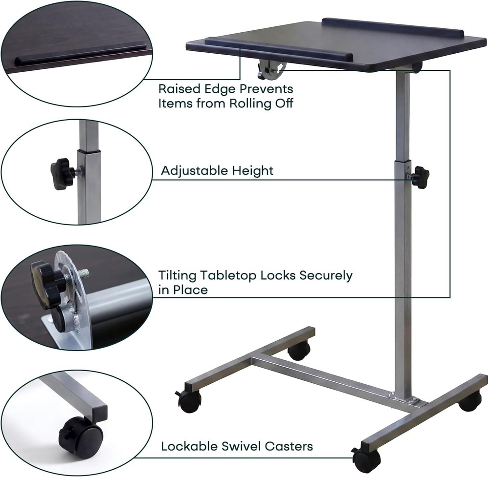 Rolling Desk Adjustable Height Adjustable Overbed Bedside Table W/ Wheels Small