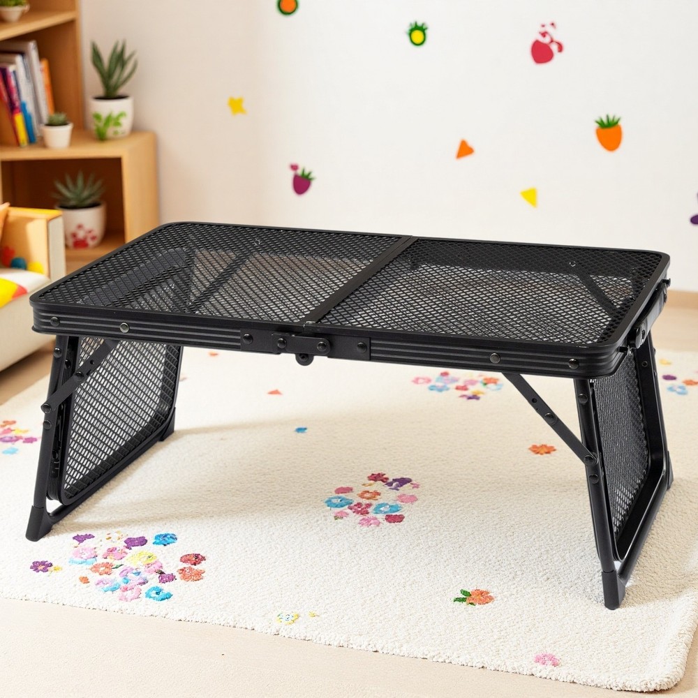 3ft Folding Camping Wire Mesh Table - Side Wings Adjustable Aluminum Frame Black