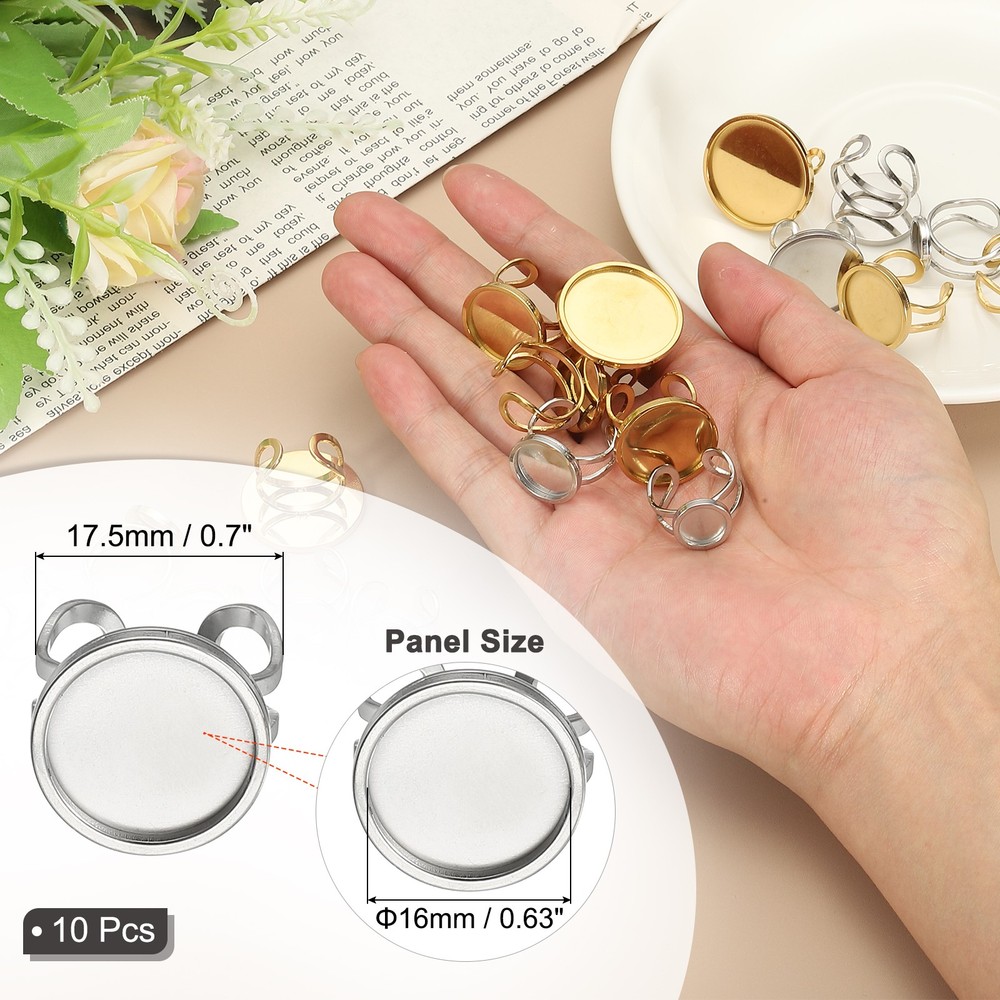 Stainless Ring Blank, 16mm 10 Pcs Adjustable Finger Ring Flat Pad Tray, Silver