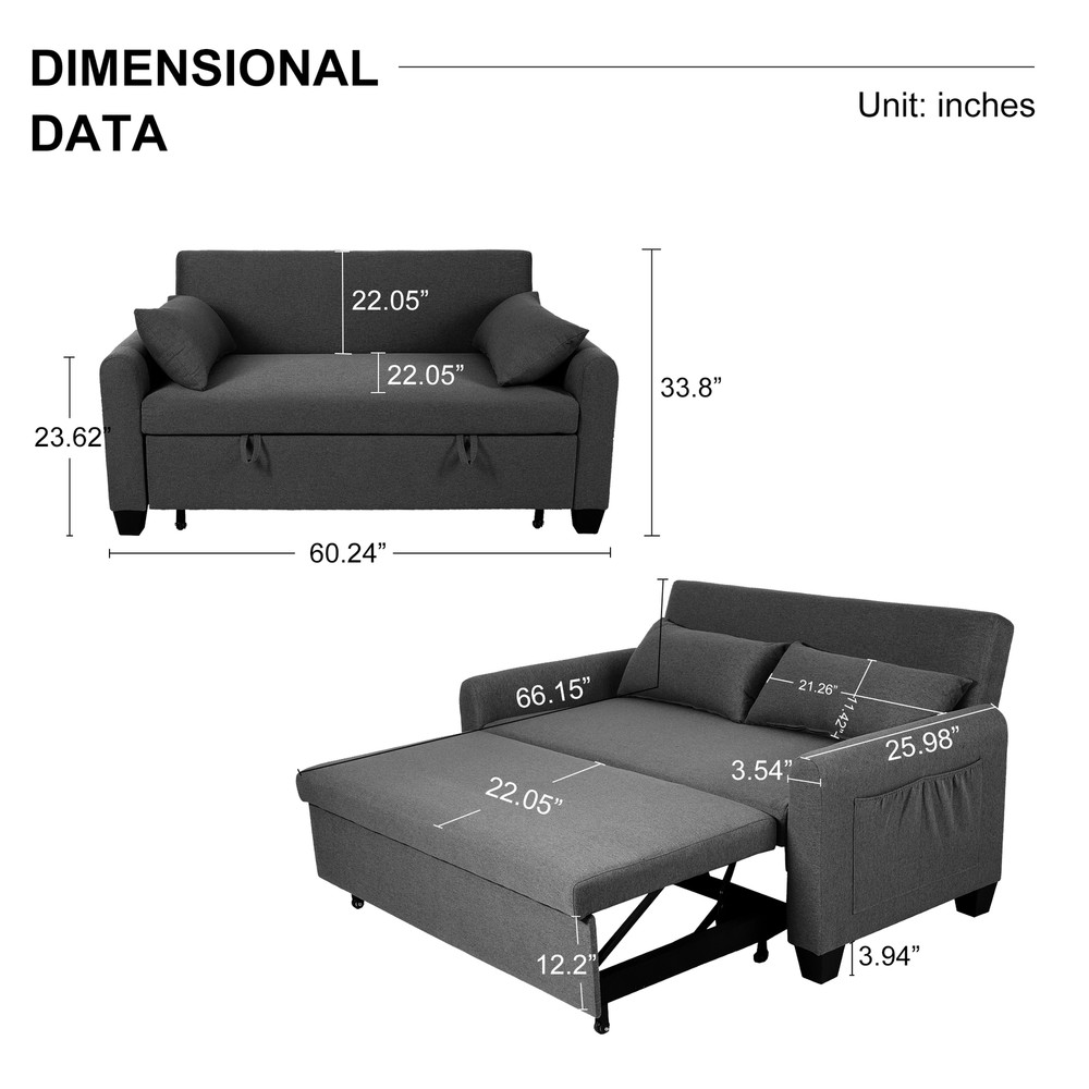 60.24'' Convertible Sleeper Sofa Bed Burlap Loveseat Sofa Couch w/ Pull Out Bed