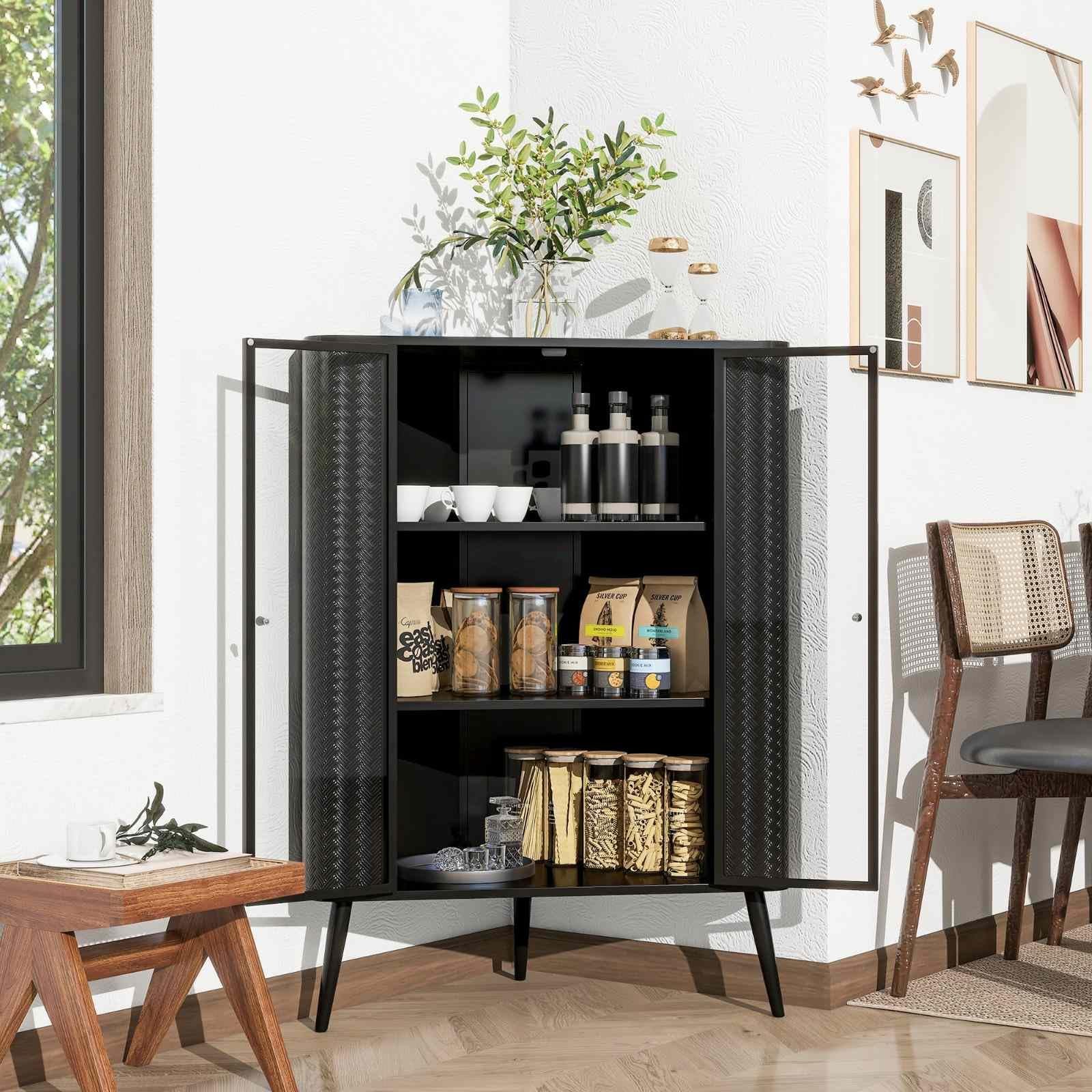 Modern Corner Storage Cabinet with Glass Doors and 3 Shelves, Metal Frame