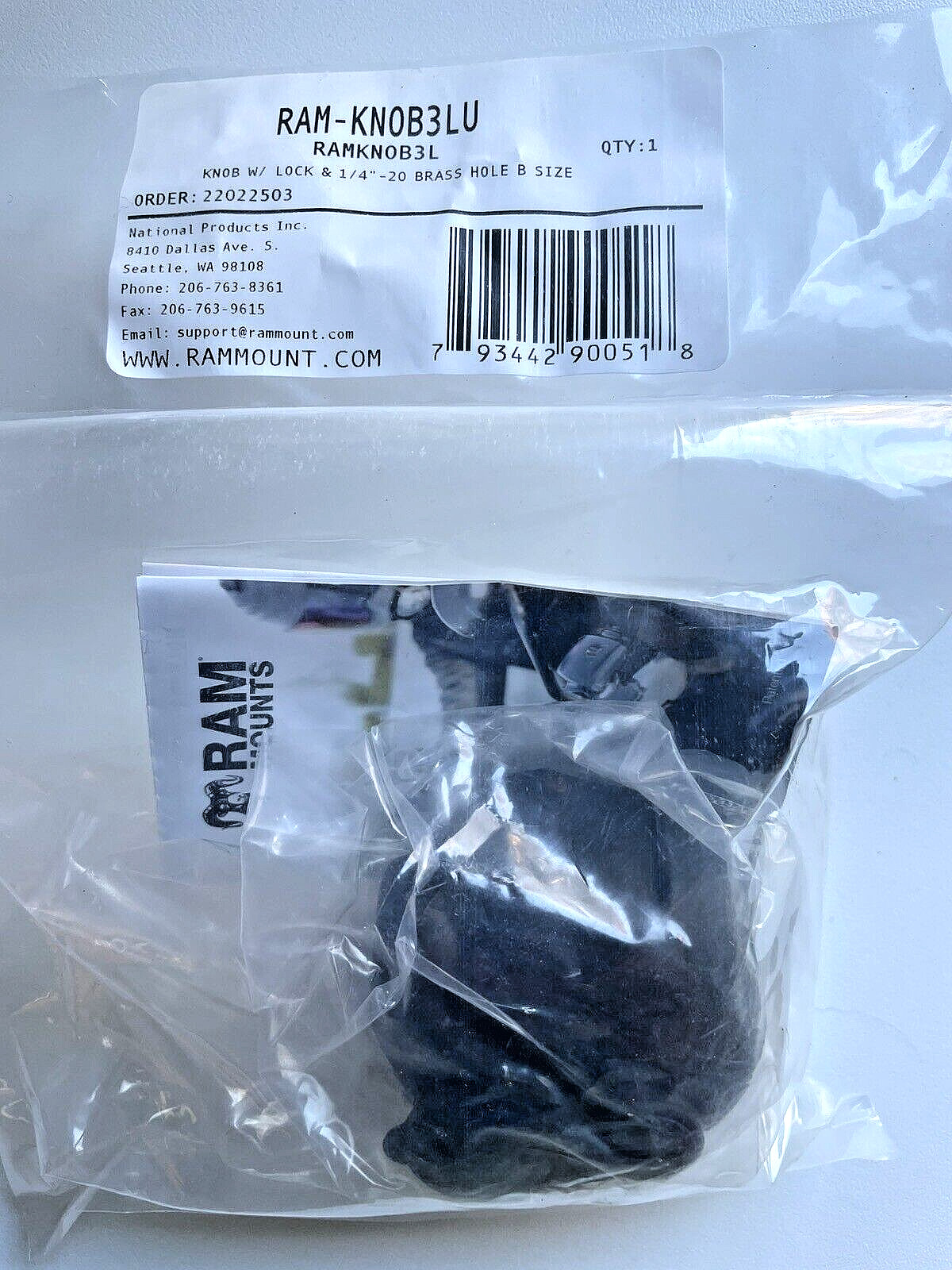 RAM-KNOB3LU Key Lock Knob w/ Brass Insert for RAM B-Size 1" in. Socket Arms