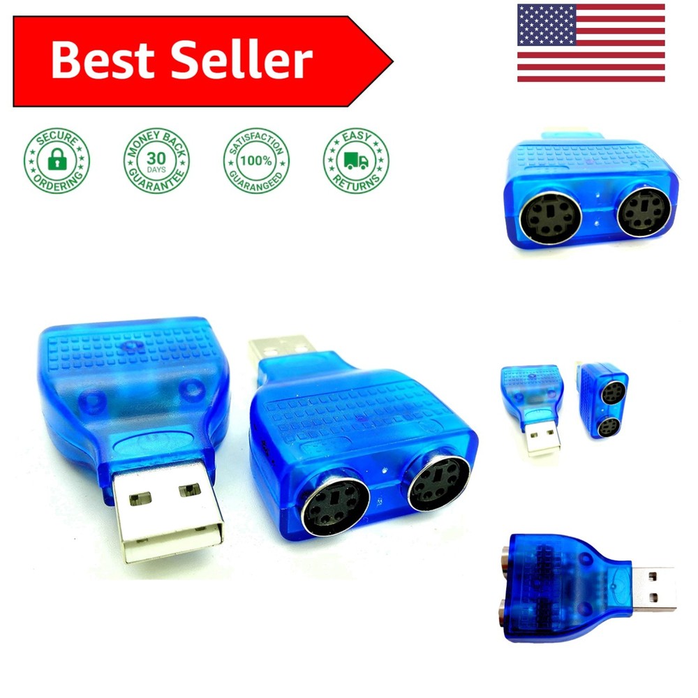 USB to PS/2 Adapter 2-Pack - Compact Blue & Silver Connector for Keyboards