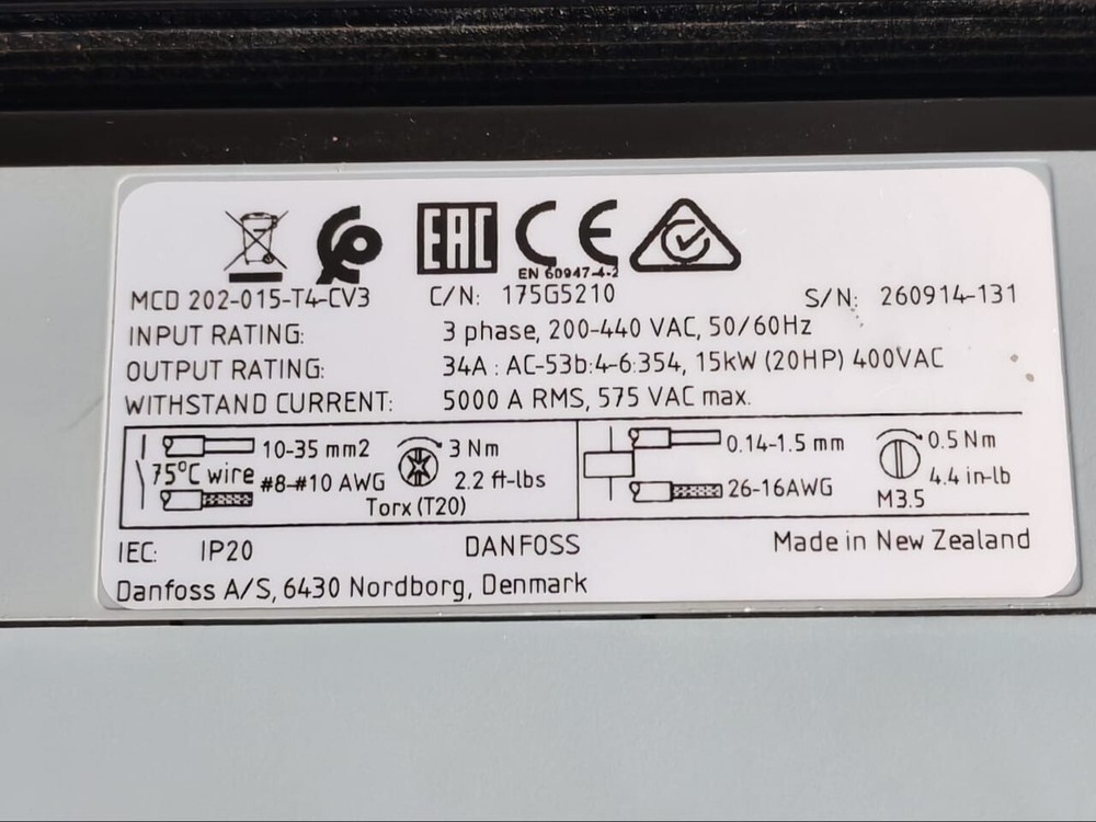 DANFOSS MCD 202-015-T4-CV3 COMPACT SOFT STARTER 175G5210