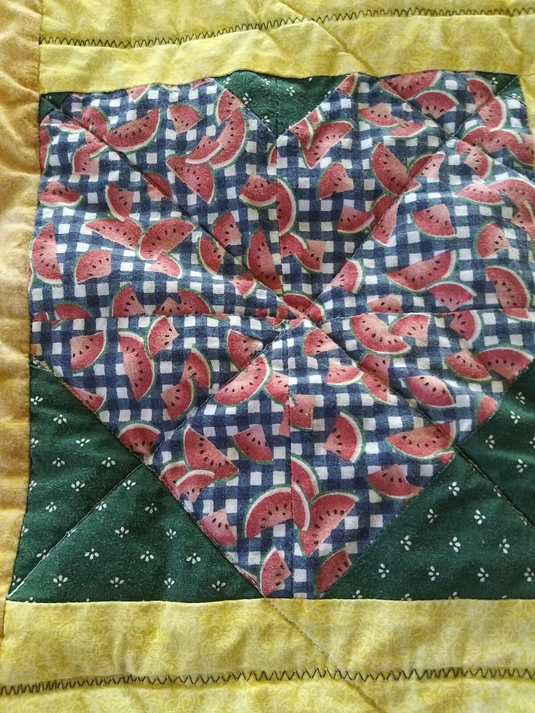 2001 Teapots & Melon Hearts Print Patchwork Quilted Wall Hanging 35"x 35"