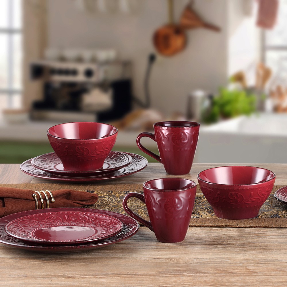 Elegant Modern Stoneware Scroll Dinnerware Set for Parties - Merlot, 16 Piece