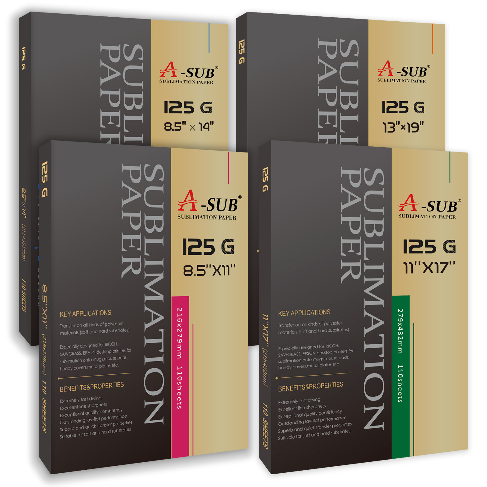 Lot 110-1100 Sheets Bulk 125g A-SUB Sublimation Paper 8.5x11 8.5x14 11x17 13x19