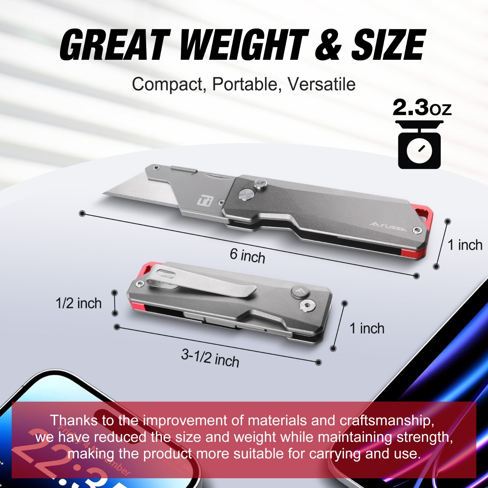 FLISSA Advanced Titanium Utility Knife CNC Unibody 10 Extra Blades Quick Change