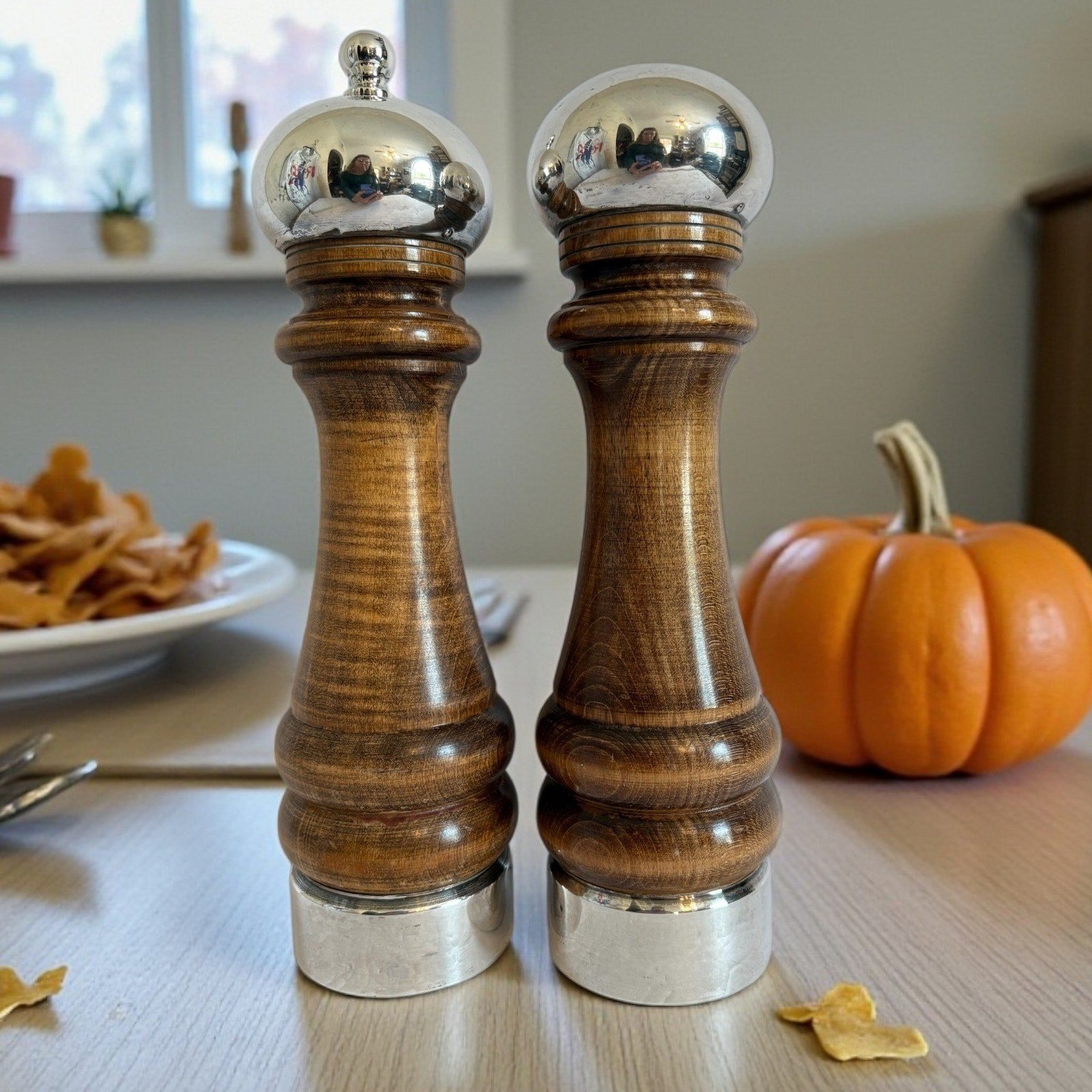 Vintage Borel Tall Sterling Silver Wood Pepper Mill Salt Shaker Set French Maker