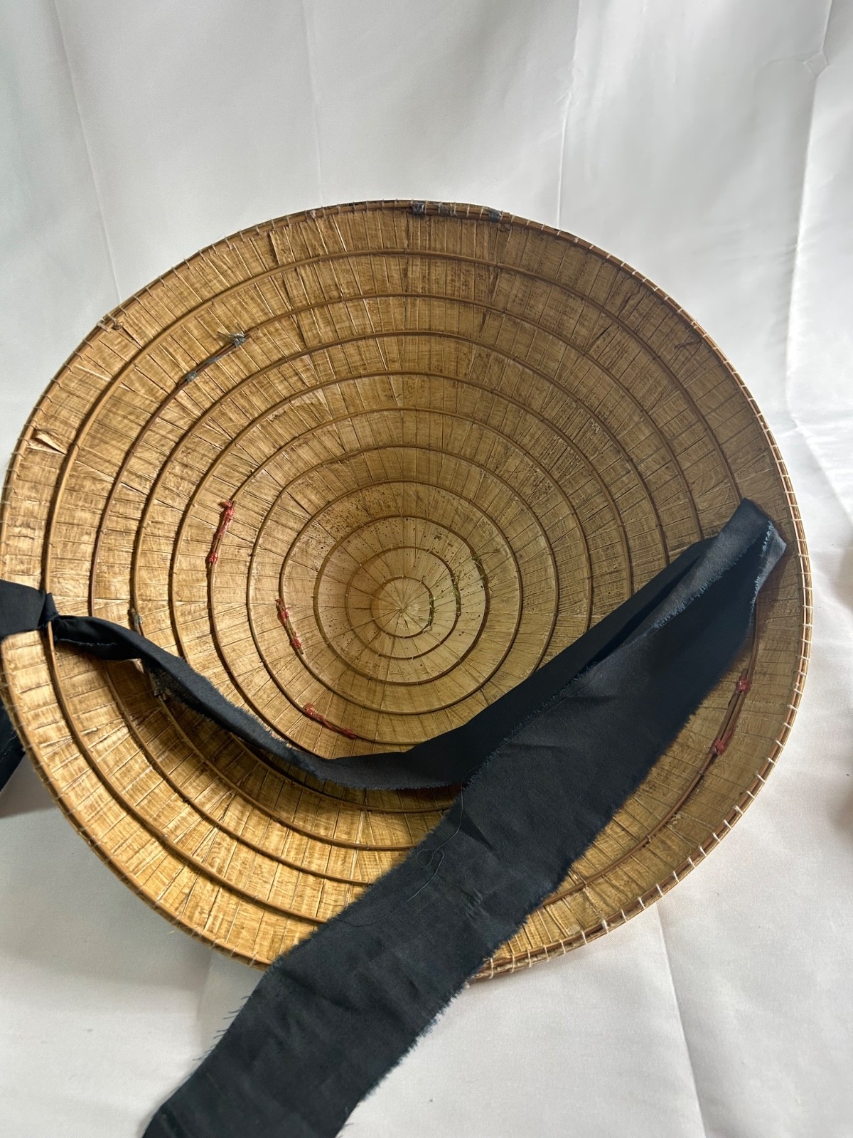Asian Bamboo Straw Conical Coolie Sun, Fishing, Garden Hat with colored strap