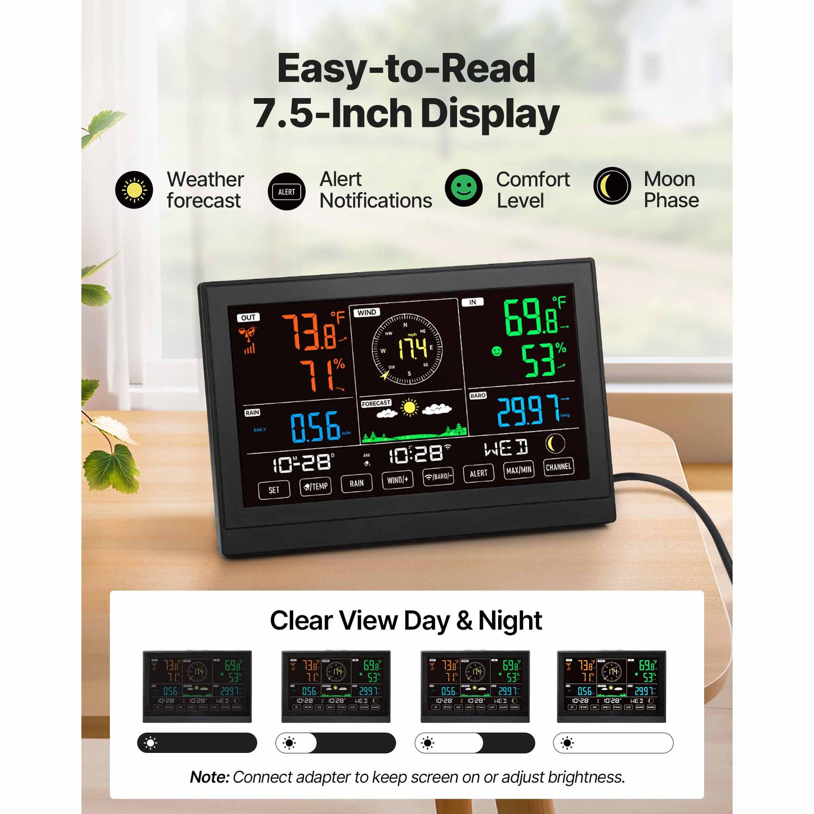 Uimoso 5-in-1 WIFI Wireless Weather Station with 7.5" VA Screen Outdoor Sensor