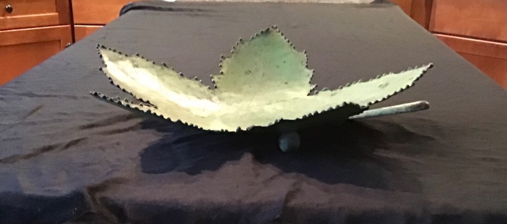 Aged Solid Copper Leaf Tray/Dish; Hand Cut, Shaped, Etched; Footed; 15 X 15X 3.