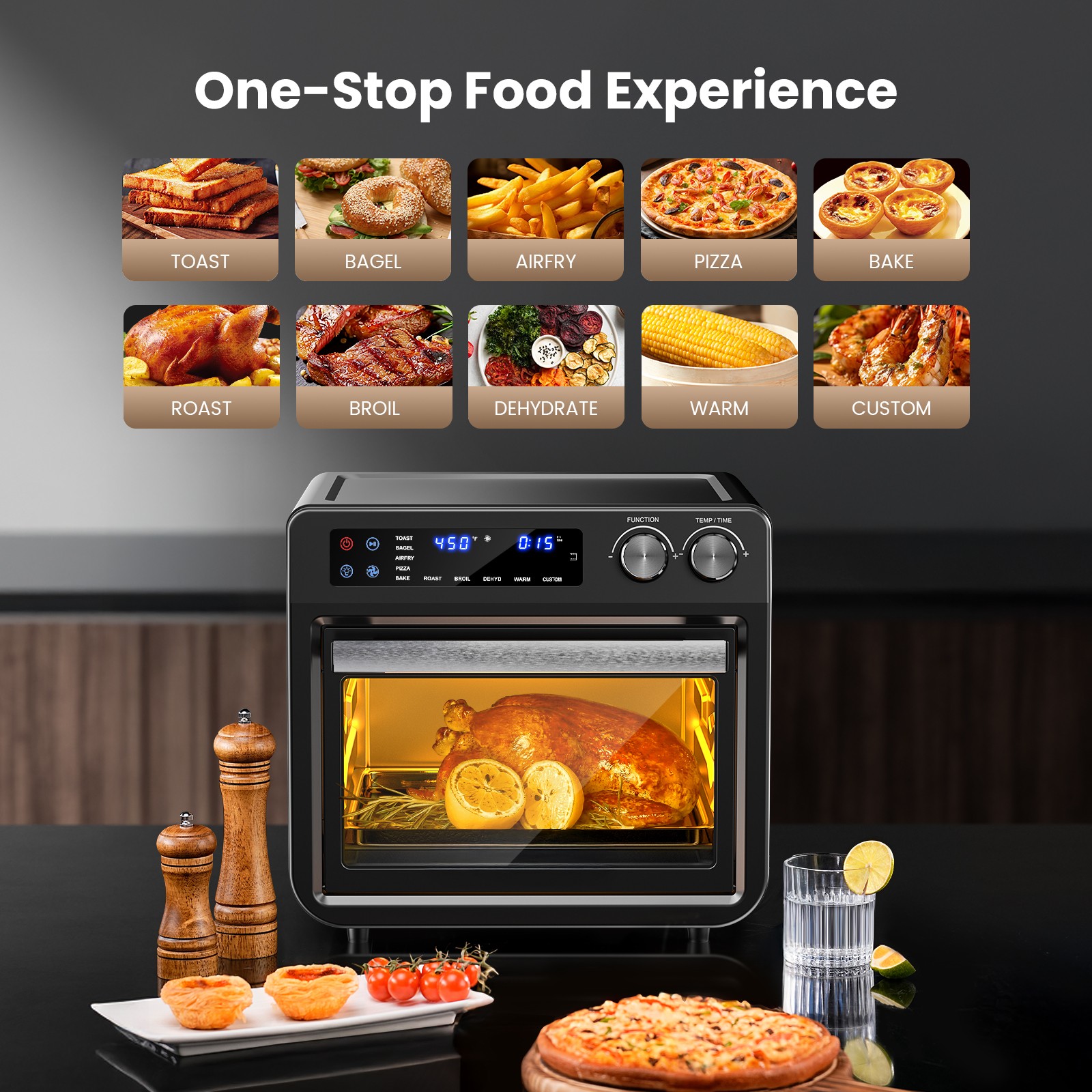 Air Fryer Toaster Oven 26Qt 10 in 1 Convection Oven Dehydrator 1800W Extra Large