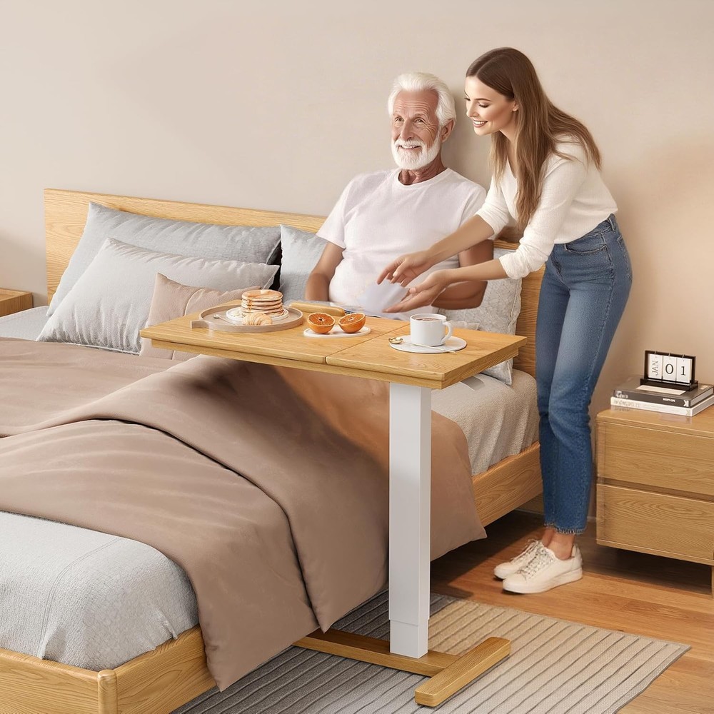 Solid Wood Overbed Bedside Table W/ Hidden Casters Adjustable Hospital Bed Table