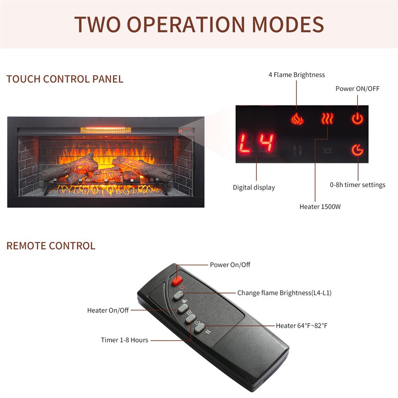 42" Insert Infrared Electric Fireplace with Removable Trim Kit and Touch Panel