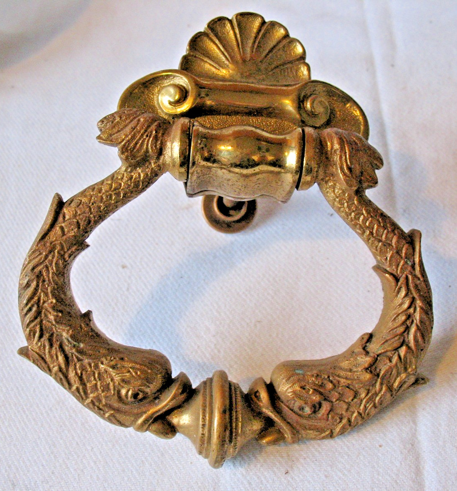 Old vintage solid Brass Stylised Dolphins & Sea Shell Door Knocker Pull Handle