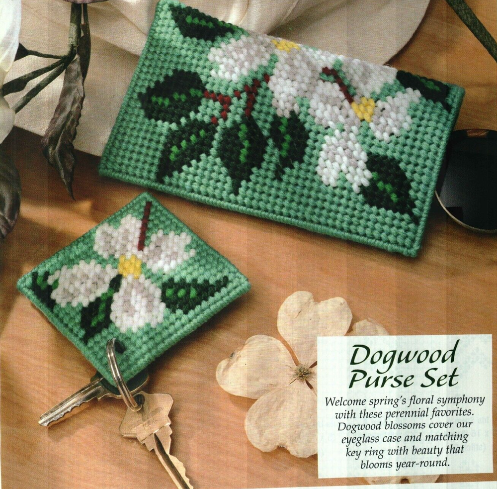 DOGWOOD PURSE SET EYEGLASS CASE & KEY RING PLASTIC CANVAS PATTERN INSTRUCTIONS