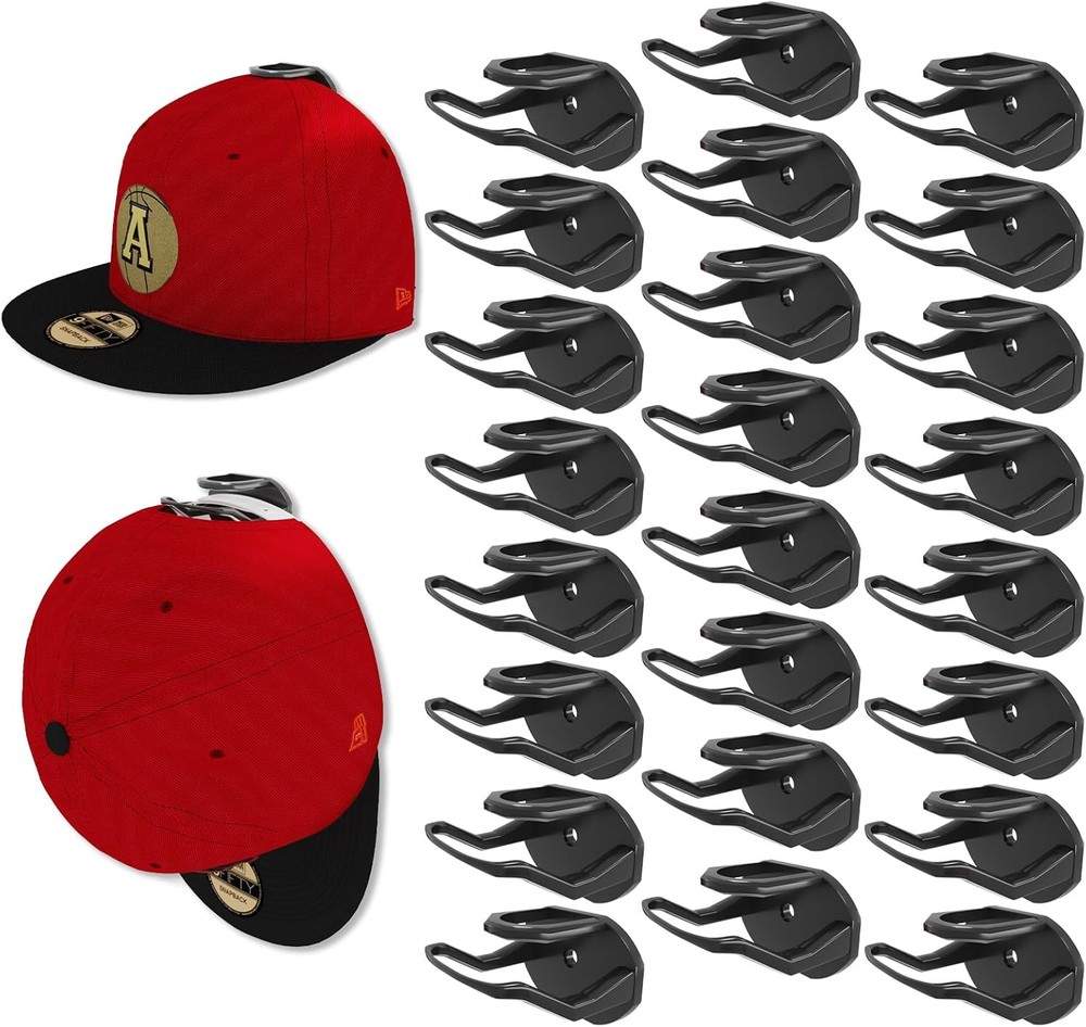 24 Pack Adhesive Hat Hooks for Wall, Strong Rack Baseball Caps, Black