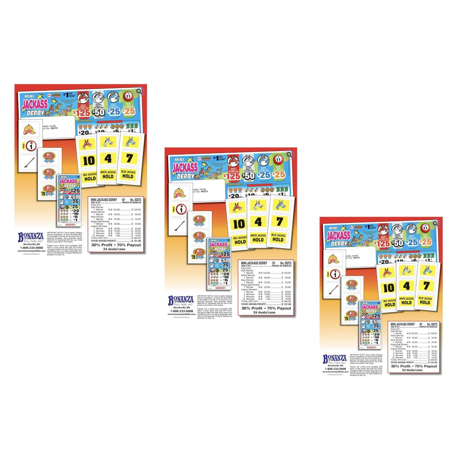 Pull Tab Ticket - Hard Card- Game - 3 Pack - Mini Jackass Derby - 406 ct ea