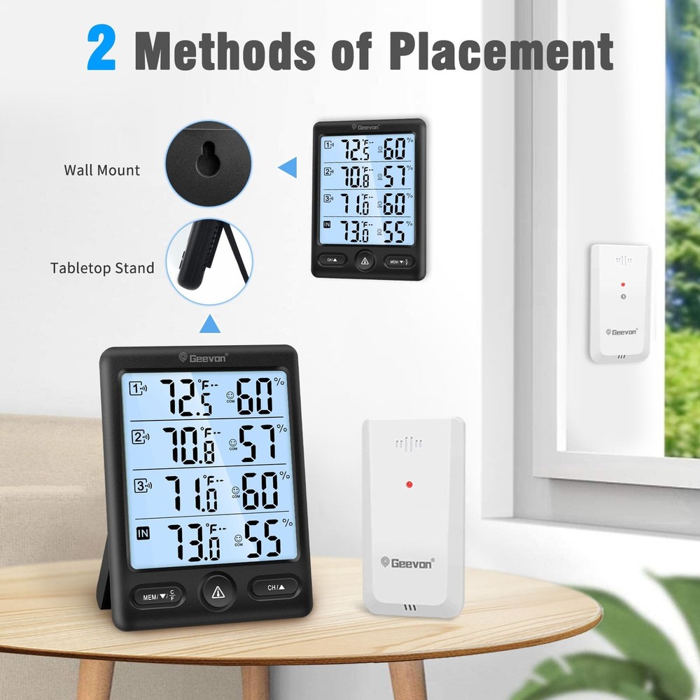 Geevon Indoor Outdoor Thermometer Wireless 3 Remote Black with Backlight