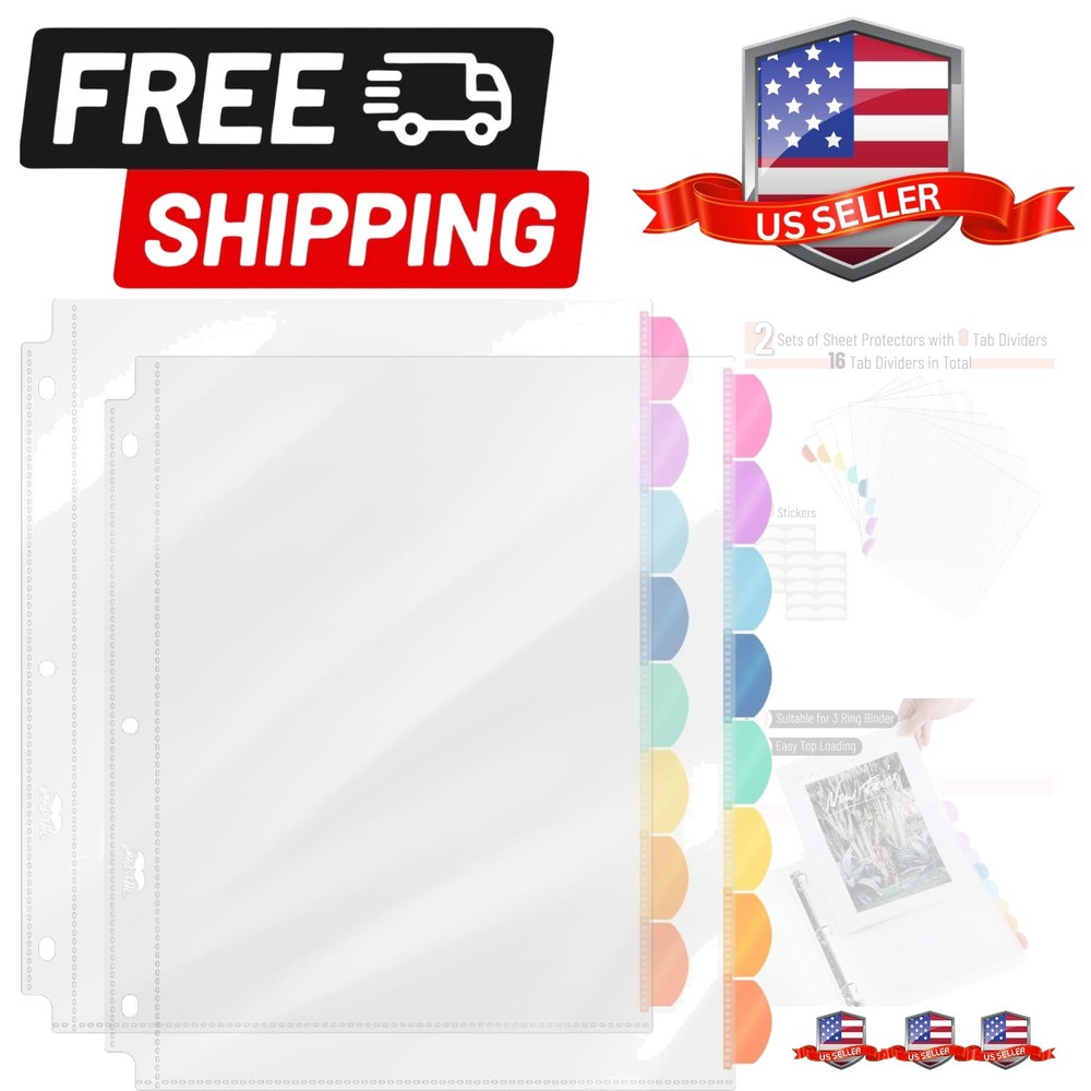 Clear Sheet Protectors with Tabs, 8 Tabs, 2 Sets, Clear Plastic Dividers for ...