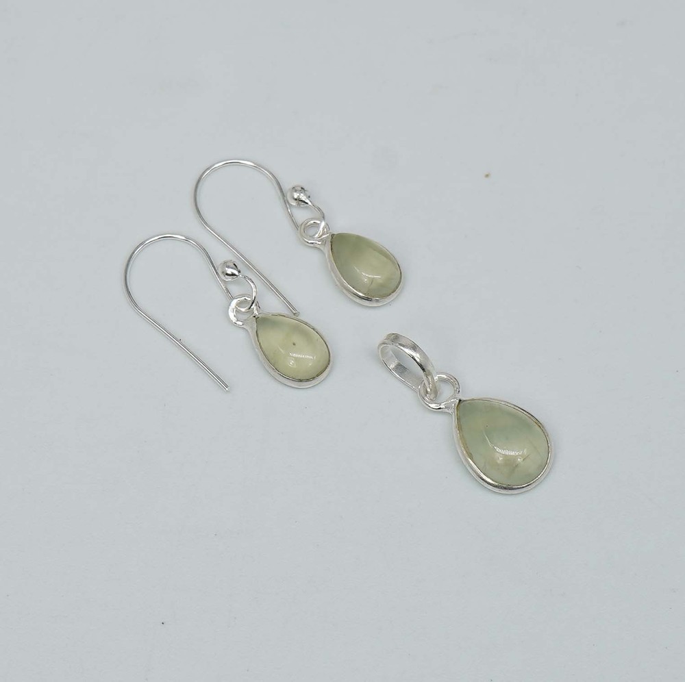 925 Solid Sterling Silver Green Prehnite Hook Earring Pendant Set
