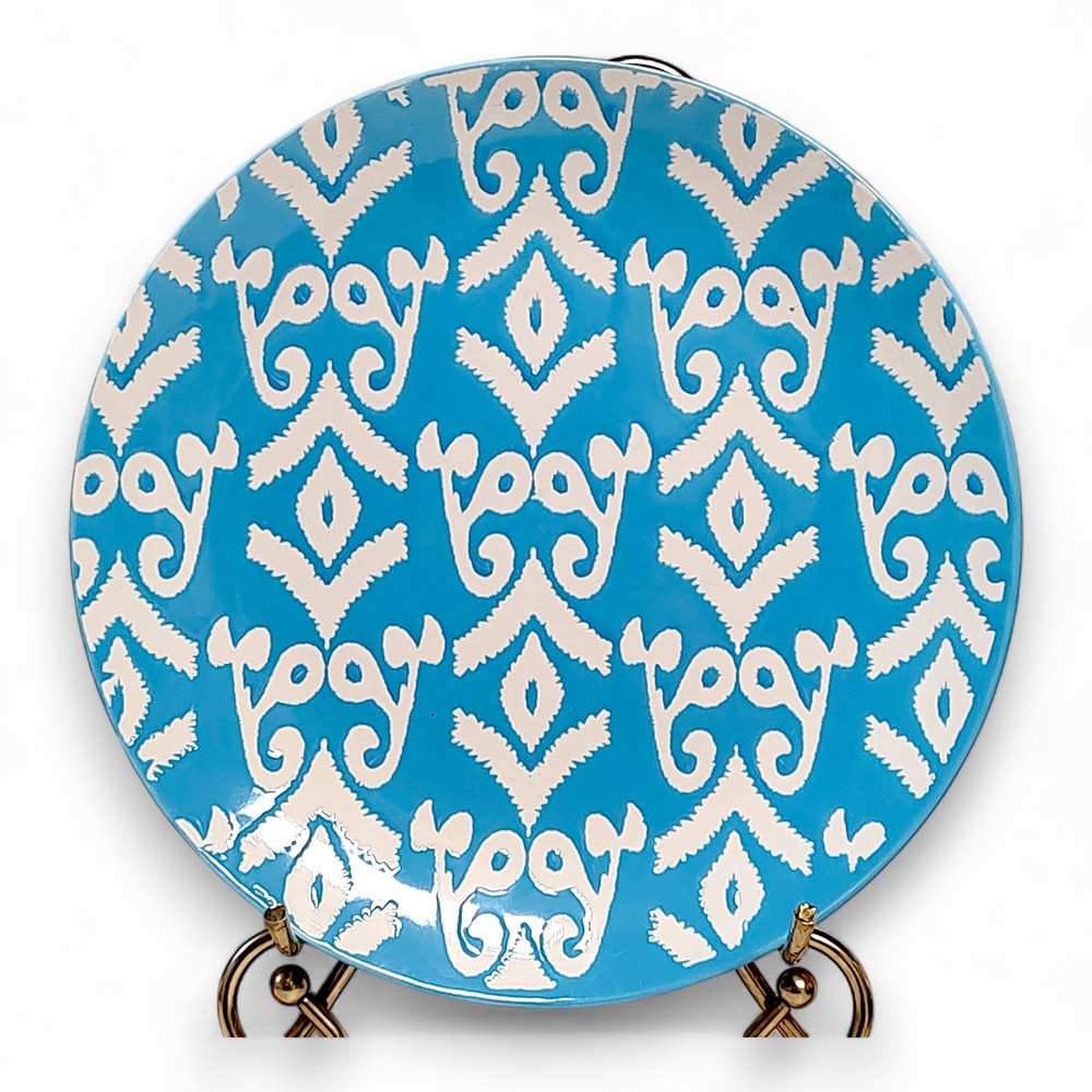 12pc Tabletops Gallery Teal & White IKAT Stoneware Dinnerware Set Service For 4