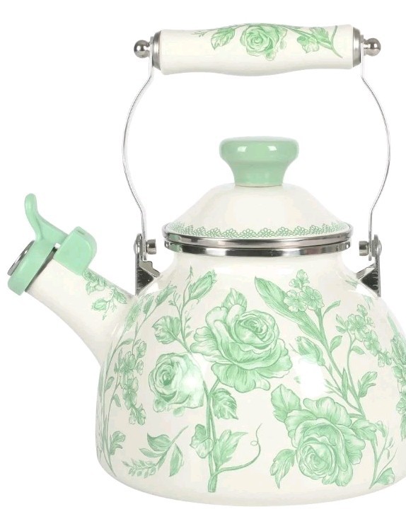 Pioneer Woman ~ AGATHA ~ 2 Quart Tea Kettle ~ Enamel on Steel ~ Floral ~ GREEN