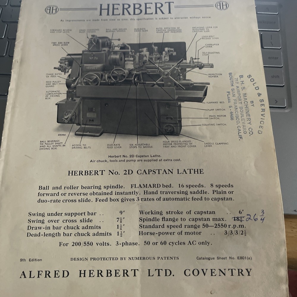Alfred Herbert No. 2D Capstan Lathe Catalog Sheet E801