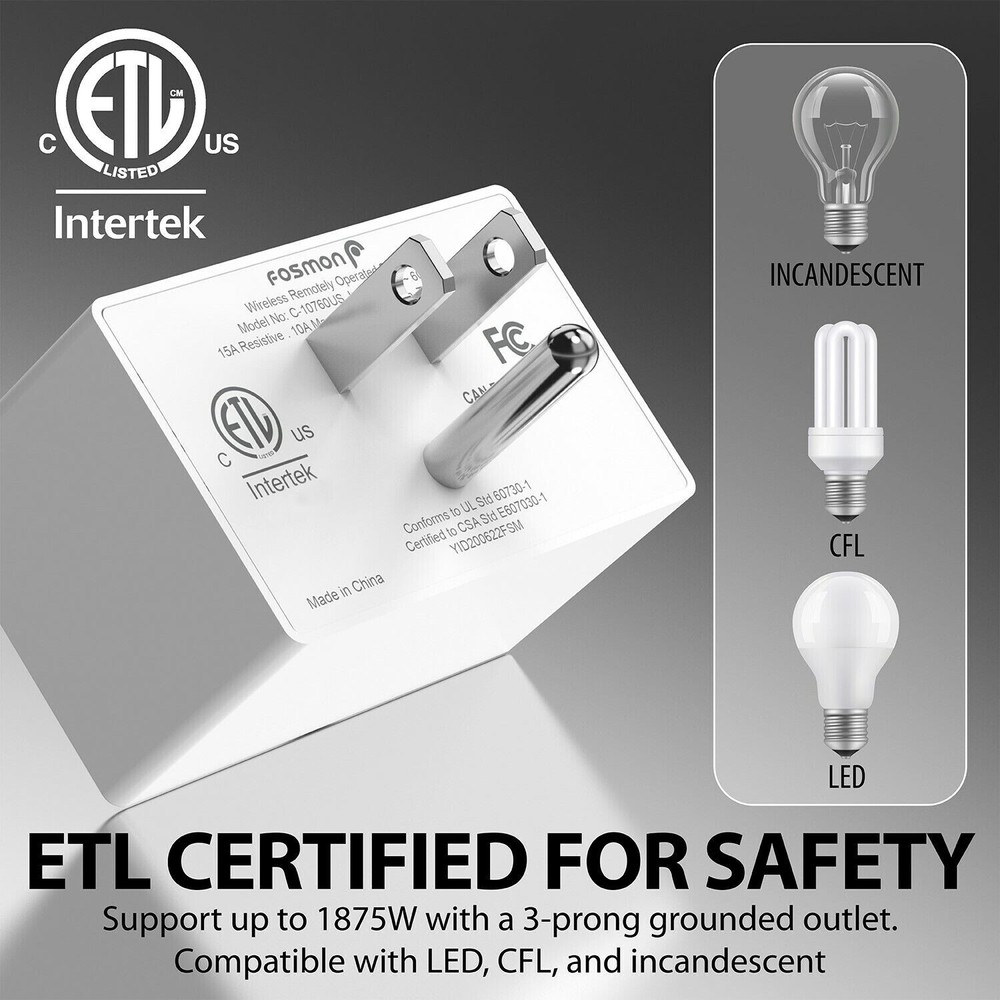 Wireless Remote Control 3 Outlet Plug On OFF Electrical Grounded Wall Switch