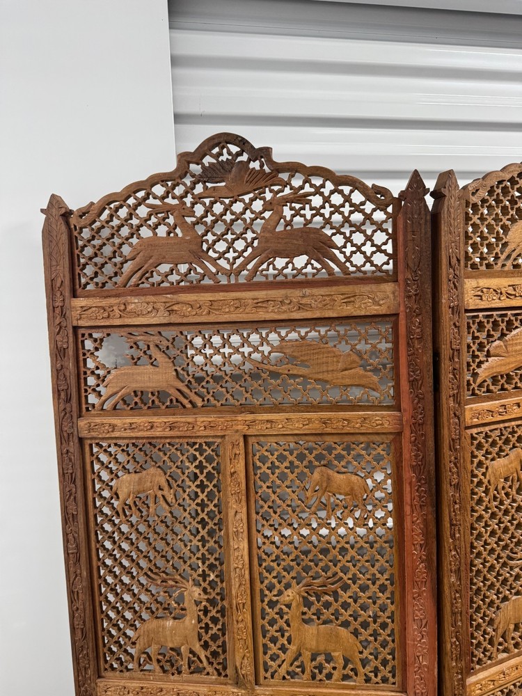 Mid-Century Carved Folding Four Panel Room Divider Screen