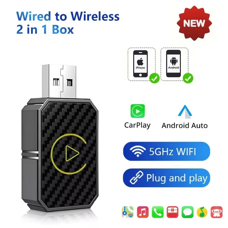 Car Android Auto Wireless Adapter & Wireless CarPlay Adapter Plug & Play 2 in 1