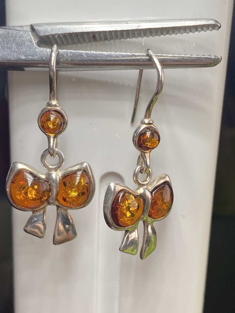 Серьги винтаж серебро, 925 проба, Камень Янтарь, Бантики