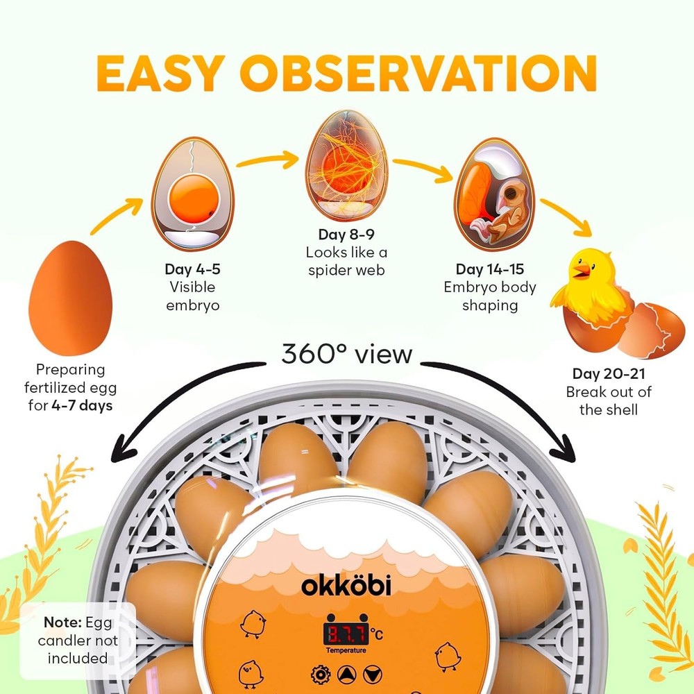Okkobi M12 Egg Incubator with Automatic Turner and Humidity Control - 12/24 E...