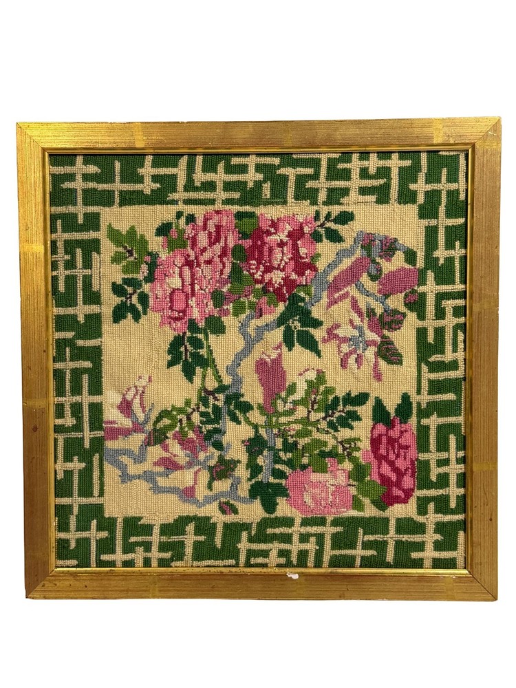 Vintage Floral Needlework Textile Art (Framed)