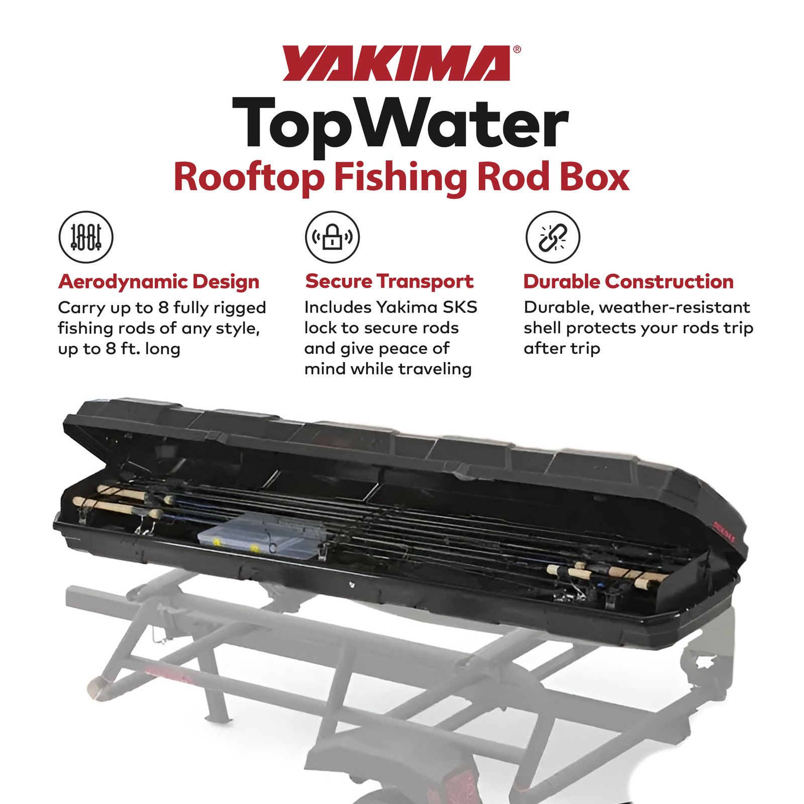 Yakima TopWater Enclosed Rooftop Fishing Rod Box Compatible w/ EasyRider Trailer